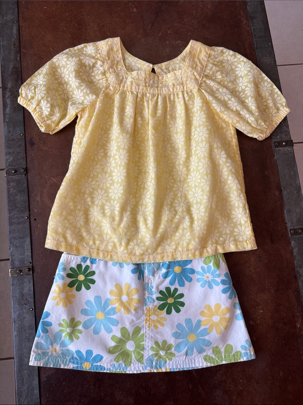 Yellow Floral Top with Yellow, Blue, Green Floral Print White Skirt